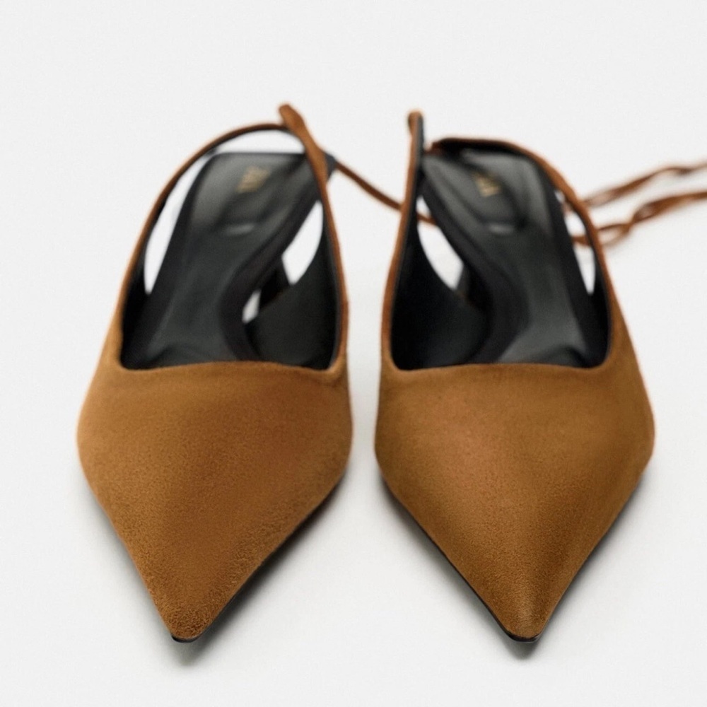 Zara Tan Pointed-Toe Ankle-Tie Slingback Heels - Picture 3 of 5